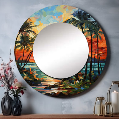 Orange palmiers mosaïque III - miroir traditionnel, miroir mural rond orange unique, impression d'art en métal