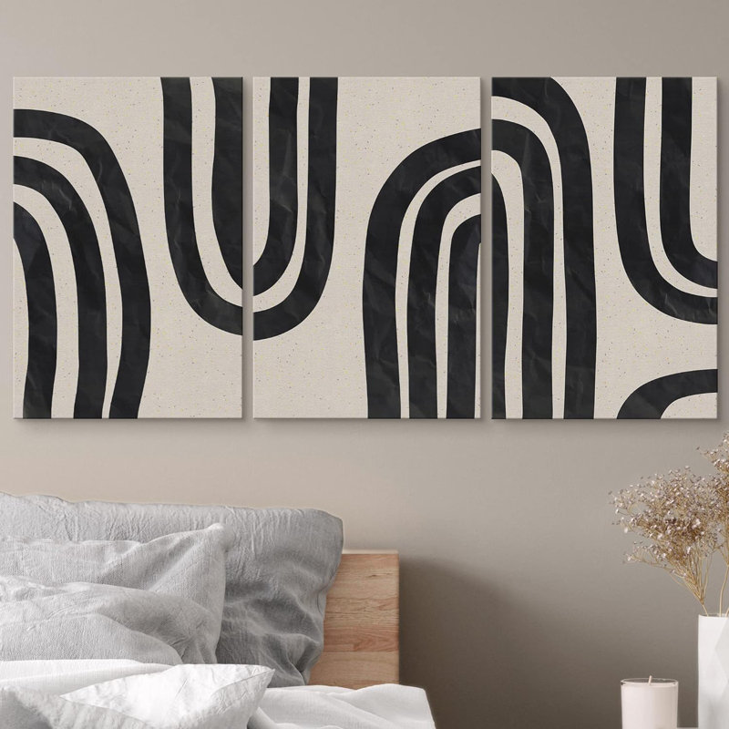 Motif géométrique en forme de ligne géométrique en spirale noire et brun clair à motif abstrait Mid-Century moderne 3 pièces