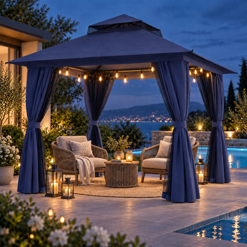 8 x 8 Ft Soft Top Patio Gazebo with 2-Tier Roof, Mesh Netting and Privacy Curtains, Galvanized Steel Outdoor Canopy for Backyard Deck and Garden