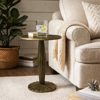 Amett 17 Inch Side End Drink Table, Fancy Fluted Base, Round Top, Antique Brass