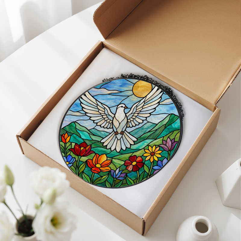 12"H Dove Sky Stained Glass Window Panel, 12" H x 12" W
