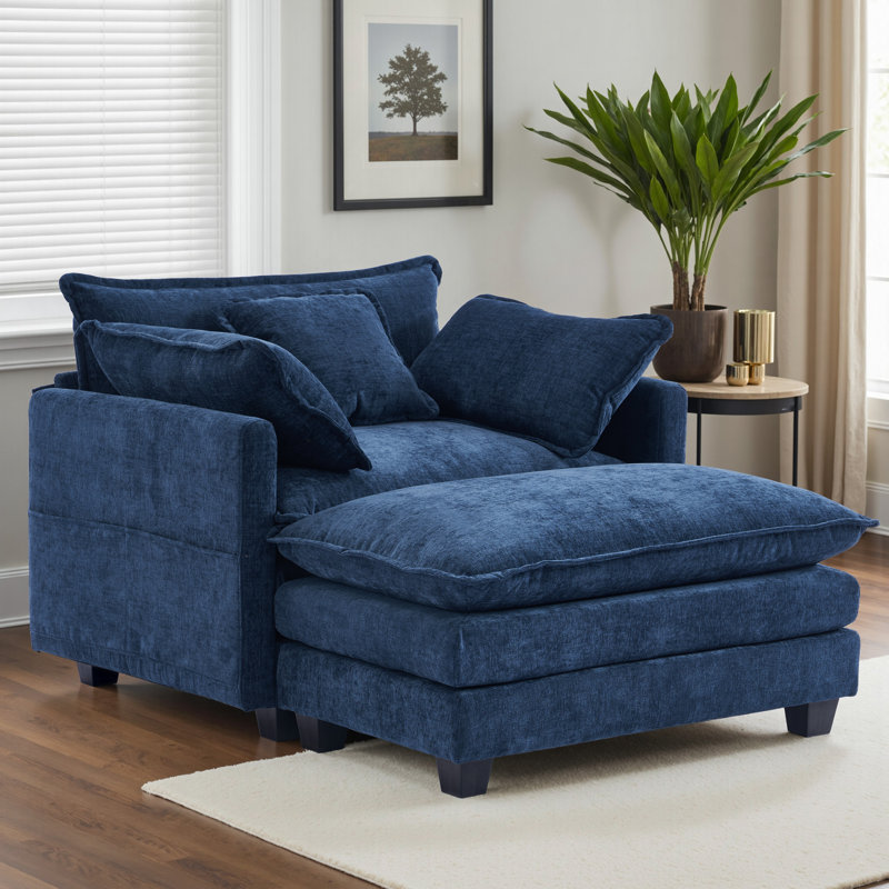 Mercer41 Upholstered 41.7"  Chenille Armchair with Ottoman, Dark Blue