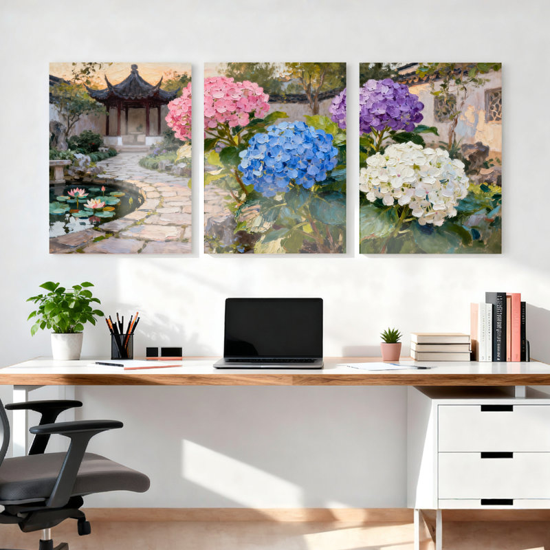 Hydrangea Garden Scene, reproduction d'art sur toile tendue sur toile, ensemble de 3, H 36 po x l 72 po