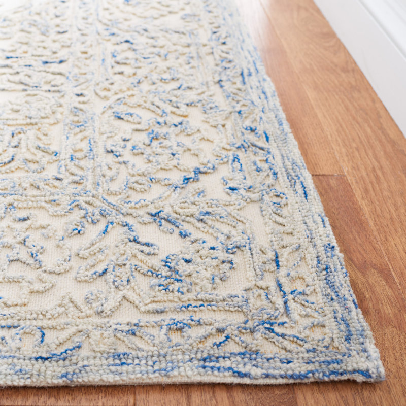 Ivory and Blue Hand-Tufted Wool Area Rug, 3' x 5'