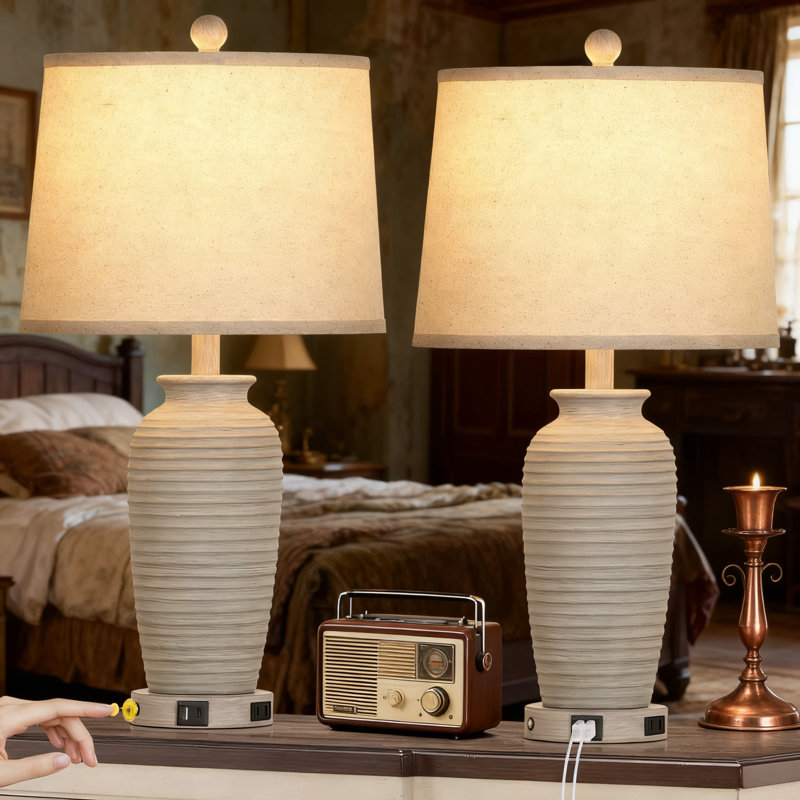 Ensemble de 2 lampes de table de ferme avec ports de charge USB A + C et prise de courant CA, lampes de chevet à commande tactile à 3 voies avec ampoules DEL incluses, lampes de chevet rustiques pour le salon de la chambre à coucher