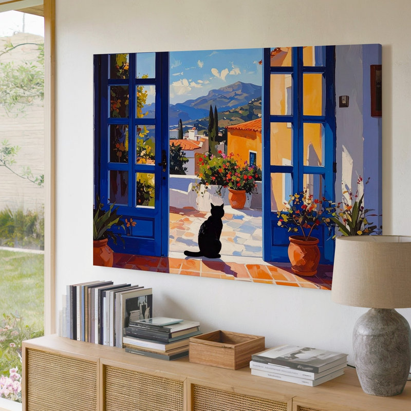 Toile méditerranéenne échapper à un chat noir serein ensoleillé, art mural sur toile, prêt à être accroché à la galerie, décoration de qualité supérieure
