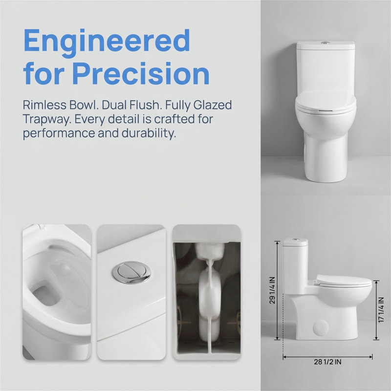 Modern One-Piece Dual Flush Toilet, 1.1/1.6 GPF, Tornado Flush, ADA Height 17", Rimless Design, Soft-Close Seat, Gloss White, Standard 12" Rough-In