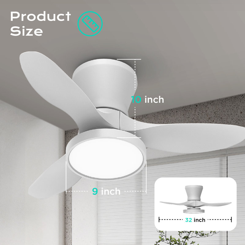 Laurenzo 32-Inch Flush Mount Ceiling Fan with LED Light for Small Rooms, White