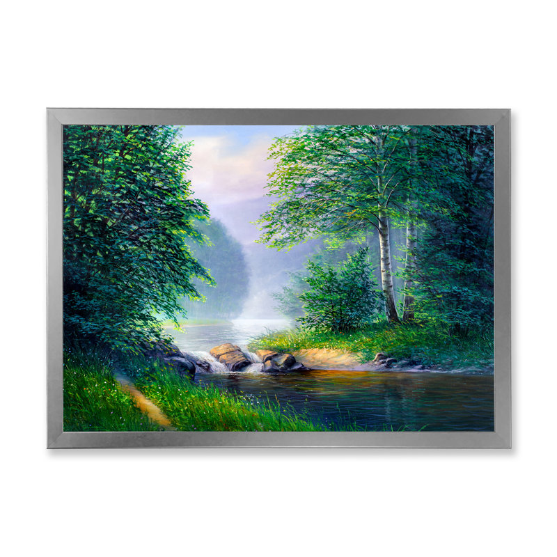 Paysage d'été d'une rivière forestière - œuvre d'art traditionnelle sur toile, H 8 po x l 12 po x P 1 po, Cadre photo argenté