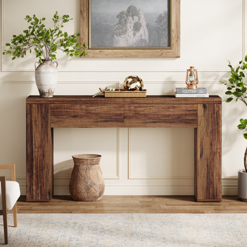 Console moderne avec tiroir, table d'entrée étroite avec rangement pour le couloir ou le salon, Brun rustique