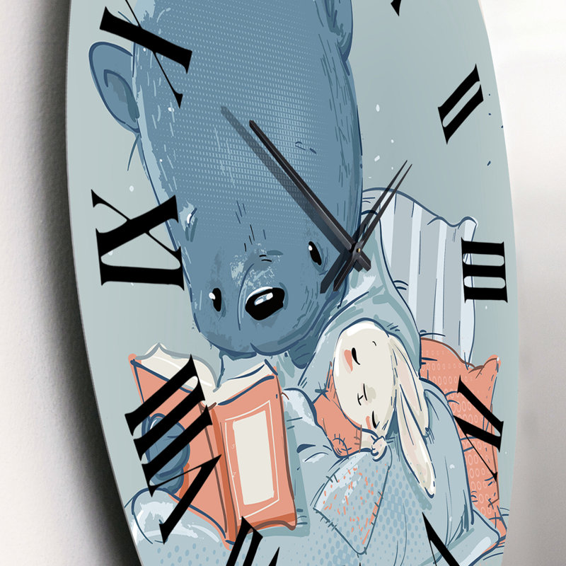 Adorable ourson en peluche avec petit lièvre blanc - horloge murale pour enfants, Petit