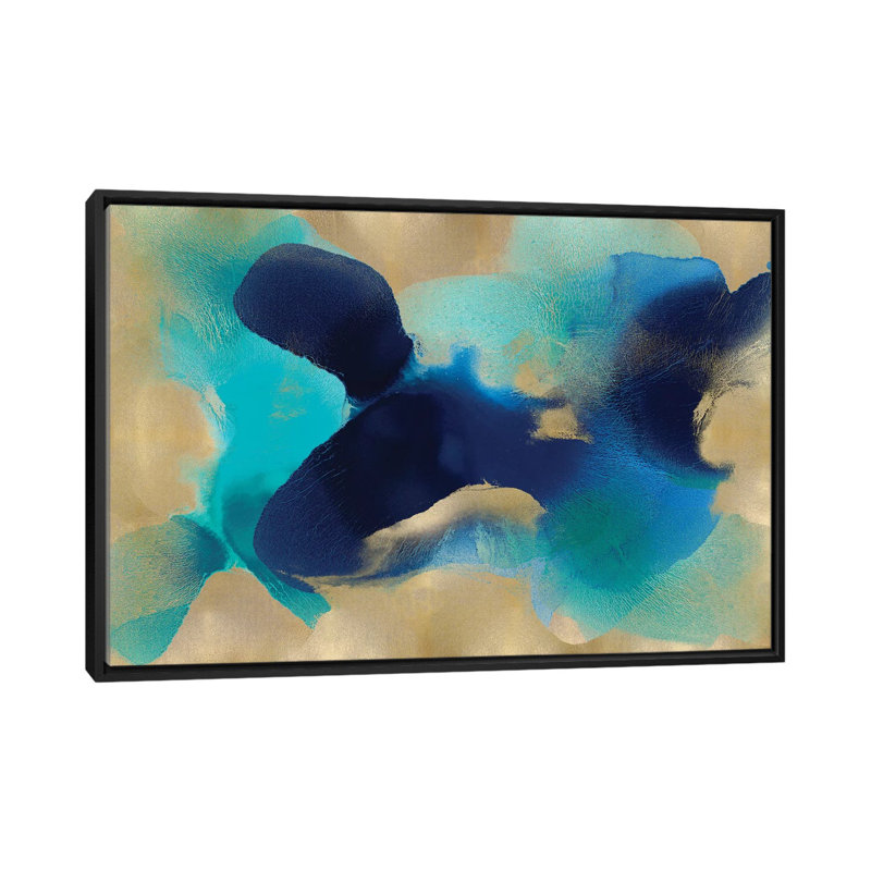 " Free Form Blue On Gold " by Hannah Carlson, 18" H x 26" W x 1.5" D, Black Framed Canvas, No Mat