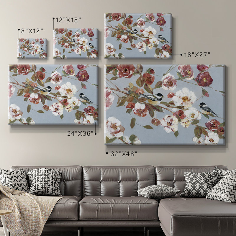 Chickadees and Blossoms II, toile tendue avec châssis de qualité supérieure - prête à être accrochée, H 18 po x l 27 po