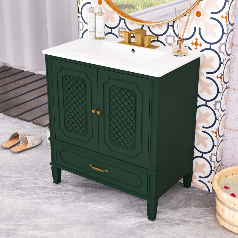 Meuble-lavabo de salle de bain avec lavabo, porte à fermeture douce, tablette réglable et tiroir, Vert foncé