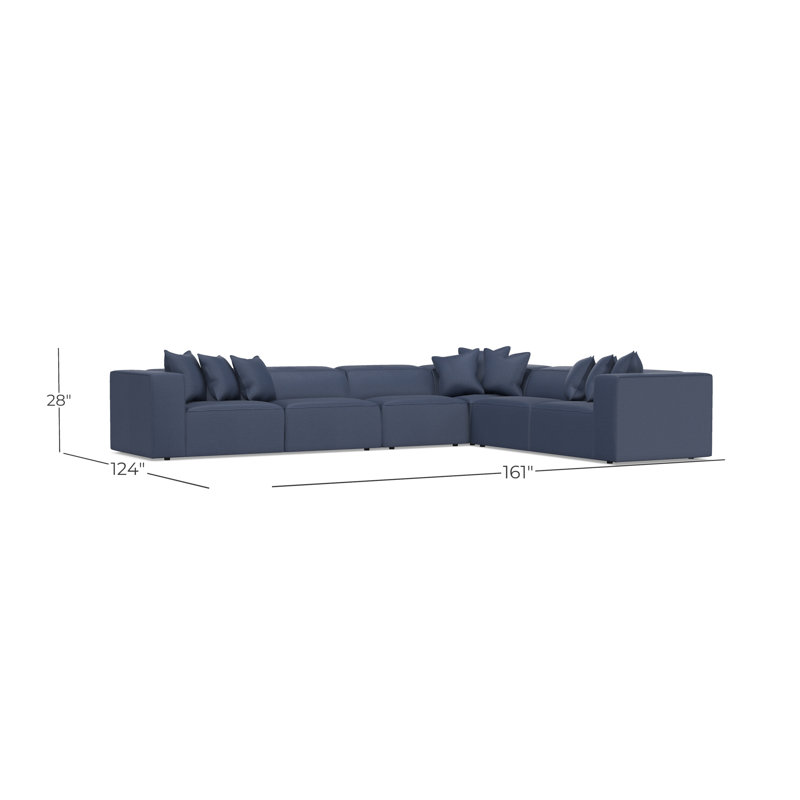 Bernhardt Bliss 4-Piece Fabric Sectional, Blue Polyester, 28" H x 160.5" W x 123.5" D