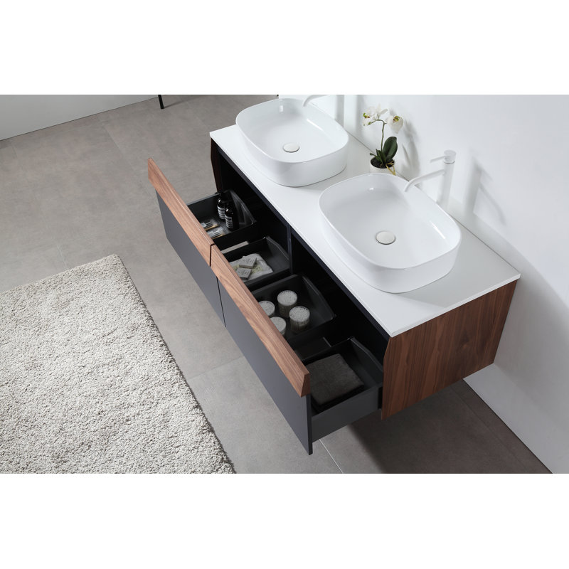 Lynwood 55" Double Bathroom Vanity, Light Brown/Dark Blue