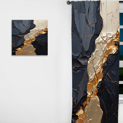 Minimalism Chrome Gold And Black Potteries II - Spirals Abstract Room Darkening Curtain - 1 Panels
