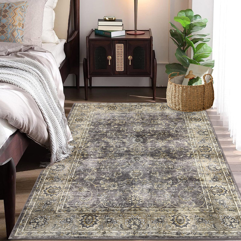 5x7 Area Rug, Washable Rug, Vintage Floral Carpet, Non Slip Kitchen Rugs, Entryway Rug, Bathroom Rugs, Thin Rugs for Bedroom, Stain Resistant Rugs for Entryway, Carpet for Laundry Hallway, 