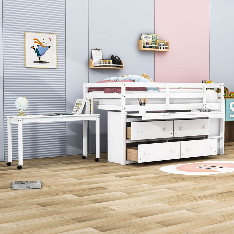 Jakilah Kids Loft Bed with Drawers, White, Twin