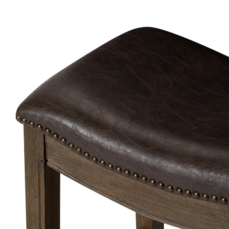 Maven Lane Adrien Backless Saddle Stool with Faux Leather Upholstery, Counter Stool (26" Seat Height), Marksman Saddle/Walnut