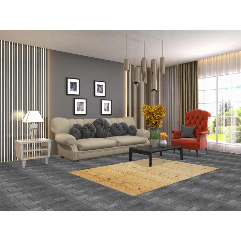 Tapis jaune en laine jaune style tribal Gabbeh 4 x 6