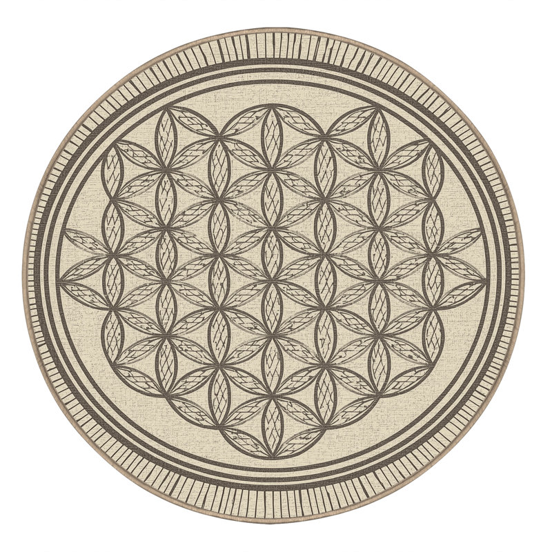 Soft Plush Earls Global Inspired Geometric Area Rug in Beige – Beige Binding, 6' Round