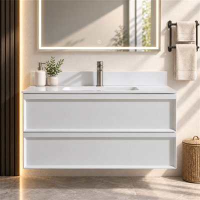 Meuble-lavabo mural simple 36 po avec comptoir en céramique, dosseret et 2 tiroirs à fermeture en douceur Lahni