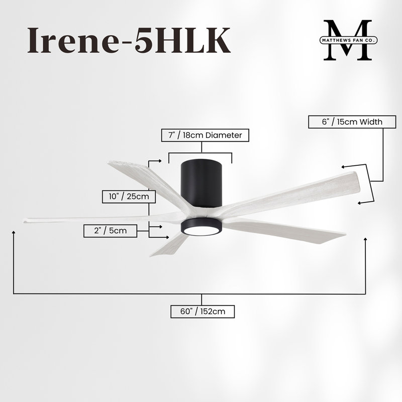 Ventilateur de plafond à 5 pales DEL avec ensemble d'éclairage inclus Irene, Noir mat, 60", Blanc mat