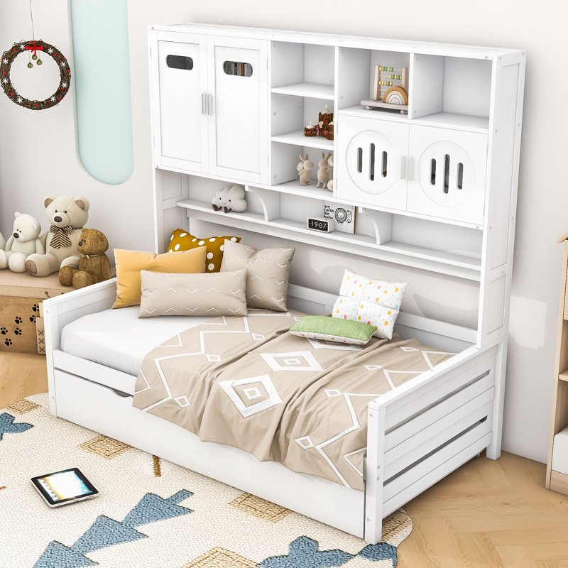 Westerville Wooden Daybed With Trundle,and All-in-One Cabinet and Shelf, Twin, White