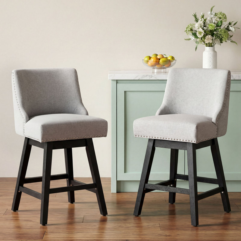 Swivel Counter Height Bar Stools Set Of 2, 25.4''H Upholstered Barstools With Backs, Modern Bar Stool Chairs For Kitchen Island, Wood Legs, Fabric, Stools Counter Chair