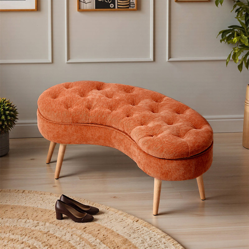 Chenille Upholstered Bench with Flip Top, Orange, Orange