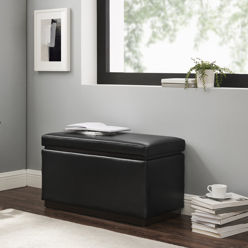 Atreju Faux Leather Ottoman, Black Faux Leather, Dark Walnut