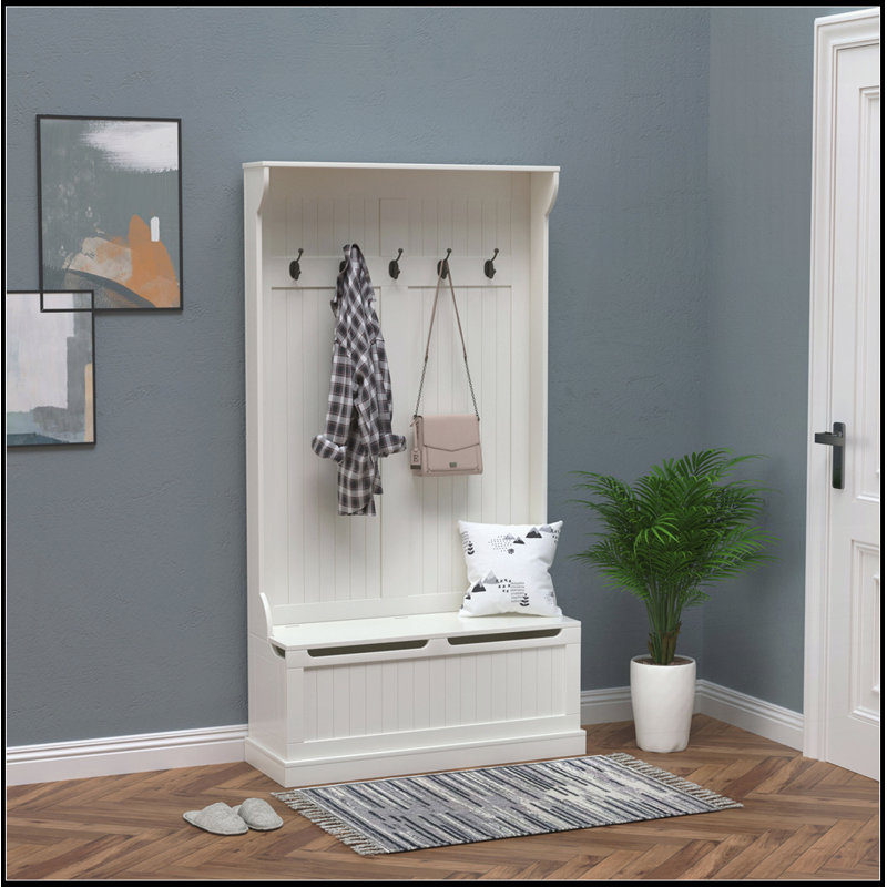 3-In-1 Entryway Hall Tree with Storage Bench, Coat Rack with Four Hooks and Shoe Storage