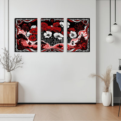 «Red and White Poppy», art floral gothique sur toile, ensemble de 3 reproductions de peintures à l'huile