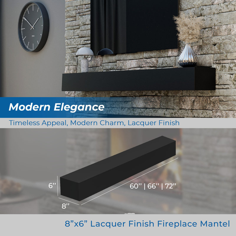 Fireplace Mantel, Modern Design, Wall-Mounted Floating Shelf, Black, 60"H x 8"W x 6"D