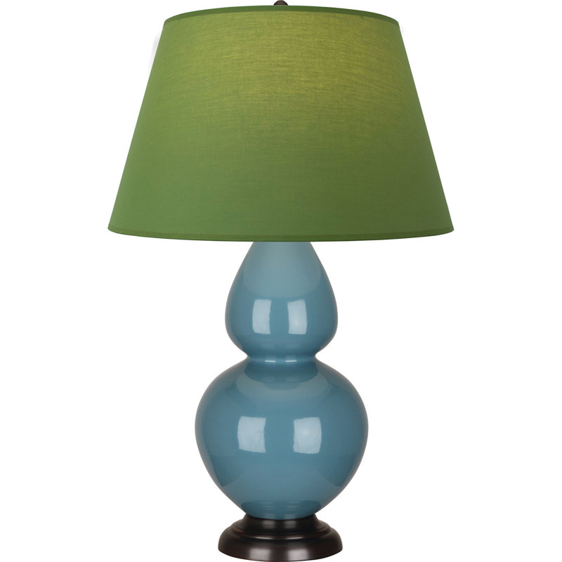 Lampe de table double gourde en céramique, Bleu acier émaillé / bronze, Thé vert / taupe, Bronze