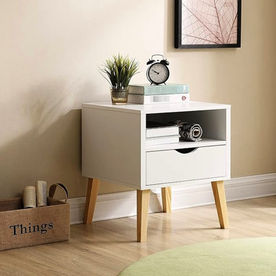 White Mid - Century Modern Side Table, Ideal For Bathroom, Drawer And , Natural Wood Legs, American Design, Night Stand, Compact End Table Small Space