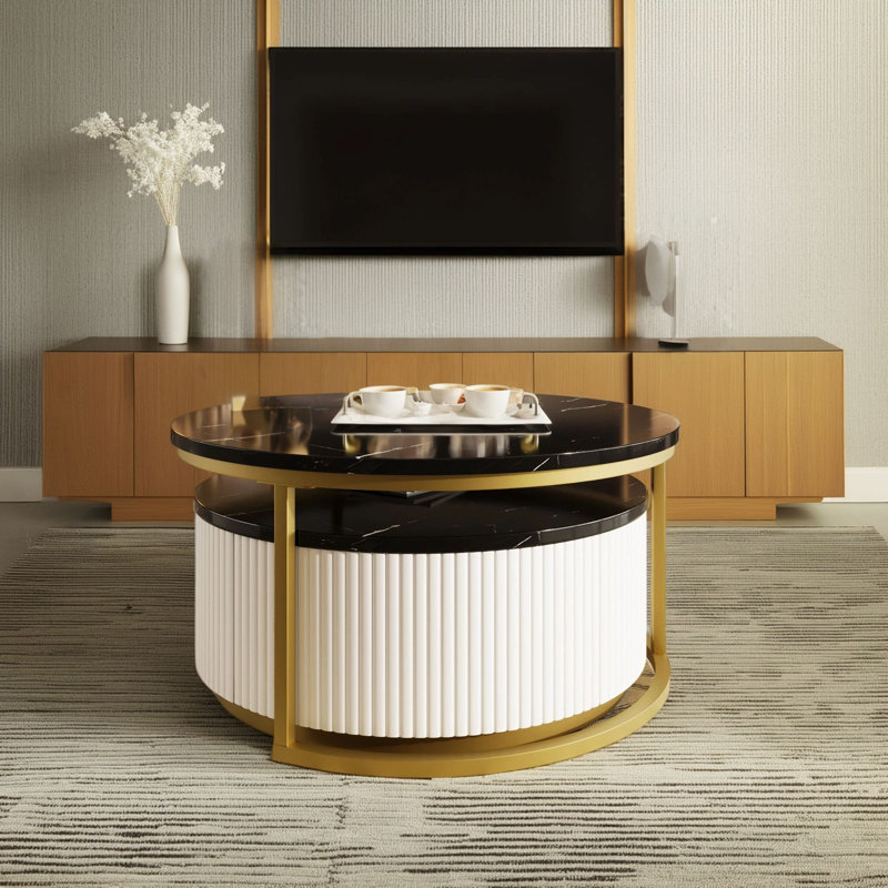 Table basse gigogne moderne de 31,5 pouces de couleur noire et dorée + ornements à rainures, avec tiroirs intégrés pour un rangement facile