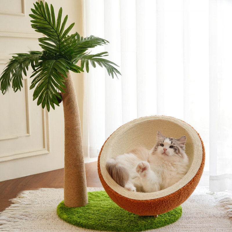 Arbre à chat Coconut Tree avec lit pour chat en osier, grattoir en sisal et motif tropical pour chats d'intérieur