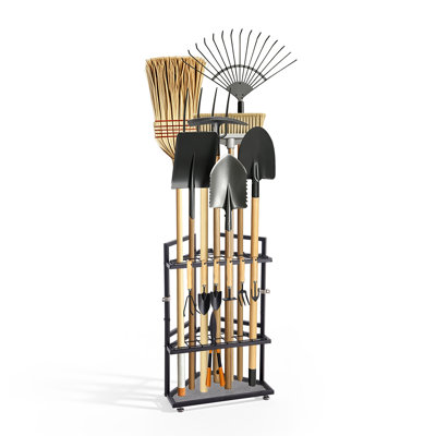 Rangement d'angle pour outils de jardin, 17 emplacements, support de rangement métallique pour garage, pour râteaux, pelles et balais, porte-outils pour abri de jardin, extérieur et pelouse, acier robuste, avec crochets, noir