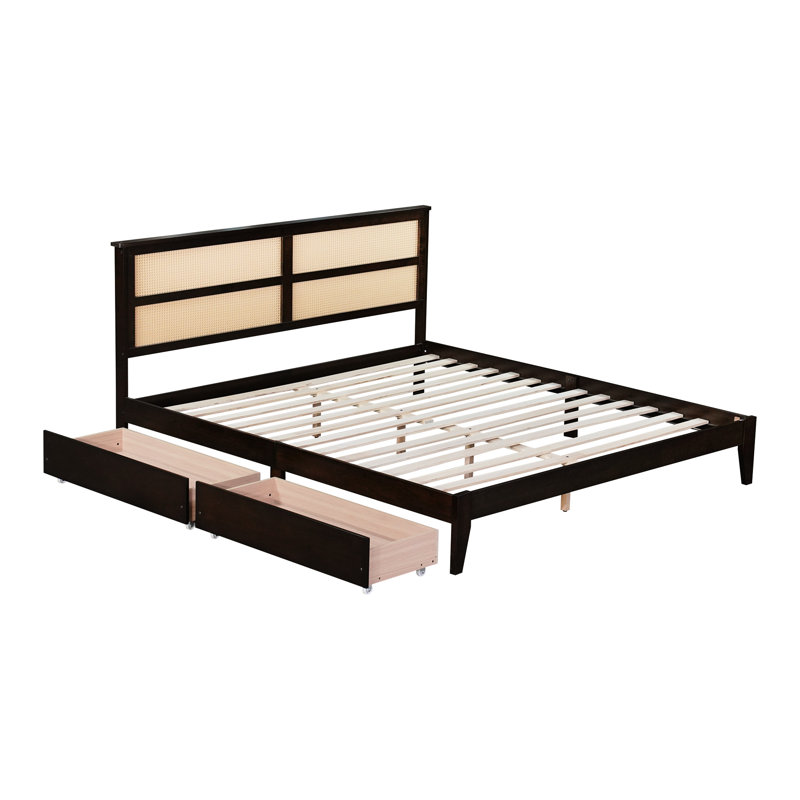 Très grand lit avec tête de lit et 2 tiroirs de rangement, Très grand lit, Espresso