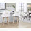 Tabouret de bar pivotant à hauteur fixe en bois blanchi, revêtement en similicuir blanc et repose-pieds arrondi en métal noir, lot de 2