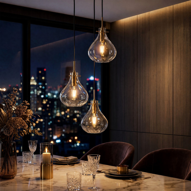 Lustre 3 lumières avec abat-jour en verre ondulé, câbles suspendus réglables