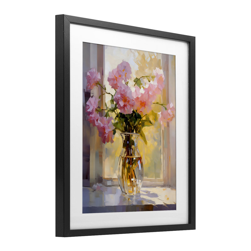 Fleurs roses dans un vase ensoleillé, reproduction encadrée sous verre, design by Creative Studio, 16 x 13