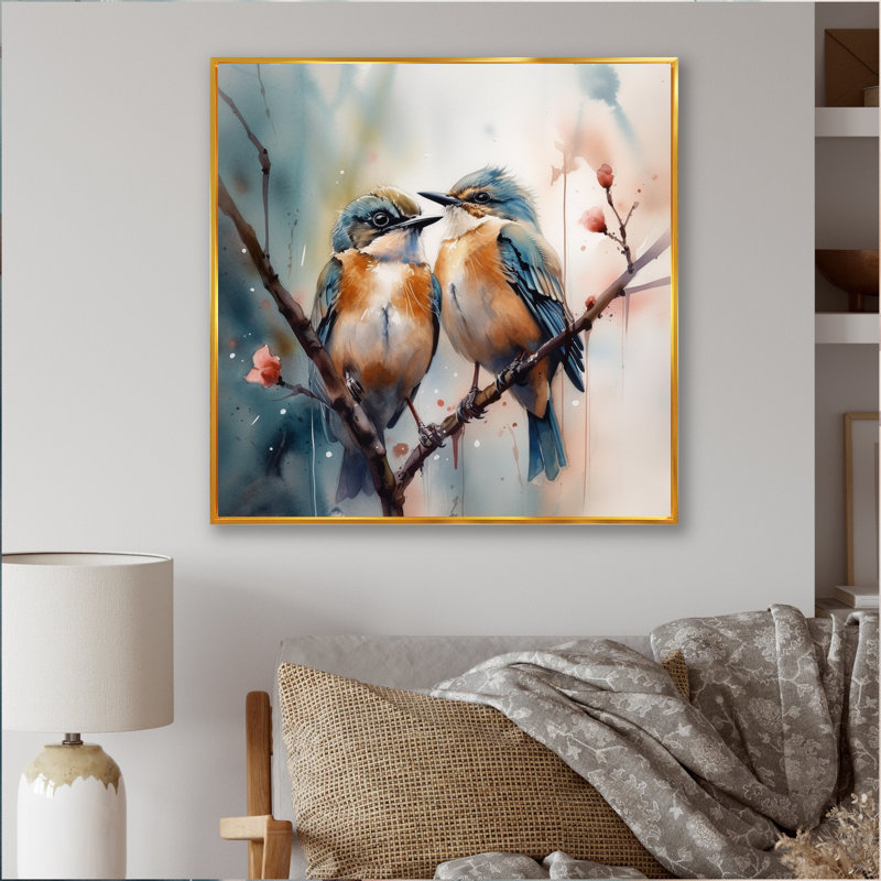 Oiseaux bleus assis sur une branche d'arbre III - Art mural floral, H 16 po x l 16 po, Cadre flottant doré
