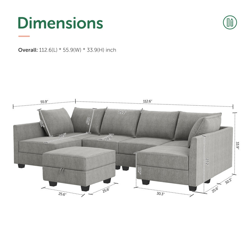 Nikitas U shaped Modular Sectional Sofa with Reversible Chaise, Gray
