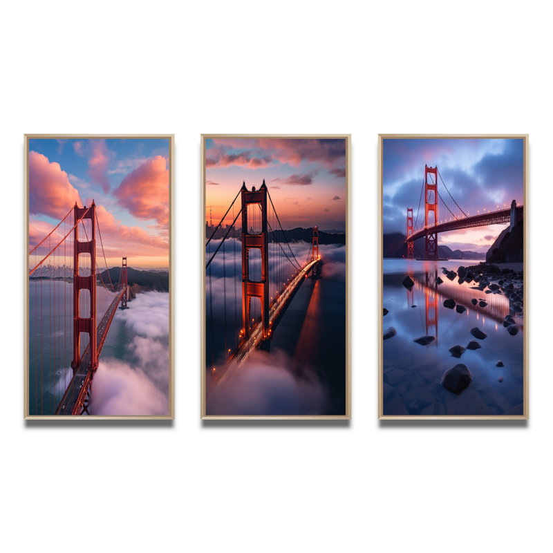 «San Francisco Golden Gate Dream», 3 pièces sur toile, Cadre naturel flottant, H 20 po x l 36 po