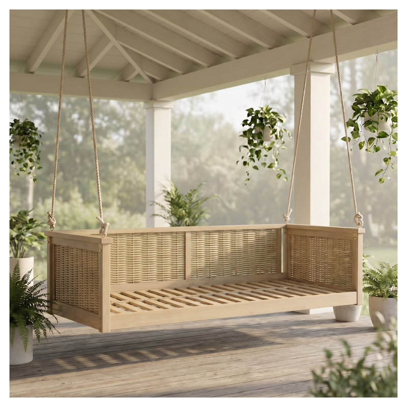 Balancelle pour lit simple en bois d'acacia avec accents en rotin, finition teck clair Topmax, Natural Wood