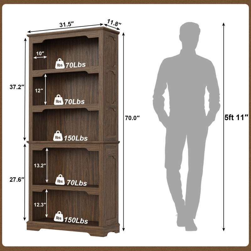 5 Shelf Standard Bookcase, Storage And Display Bookshelf, Walnut