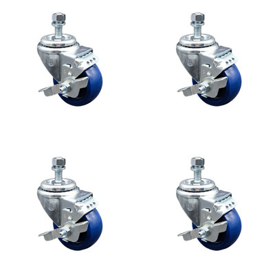 3.5 Inch SS Solid Polyurethane Swivel 10mm Threaded Stem Caster Set Brake